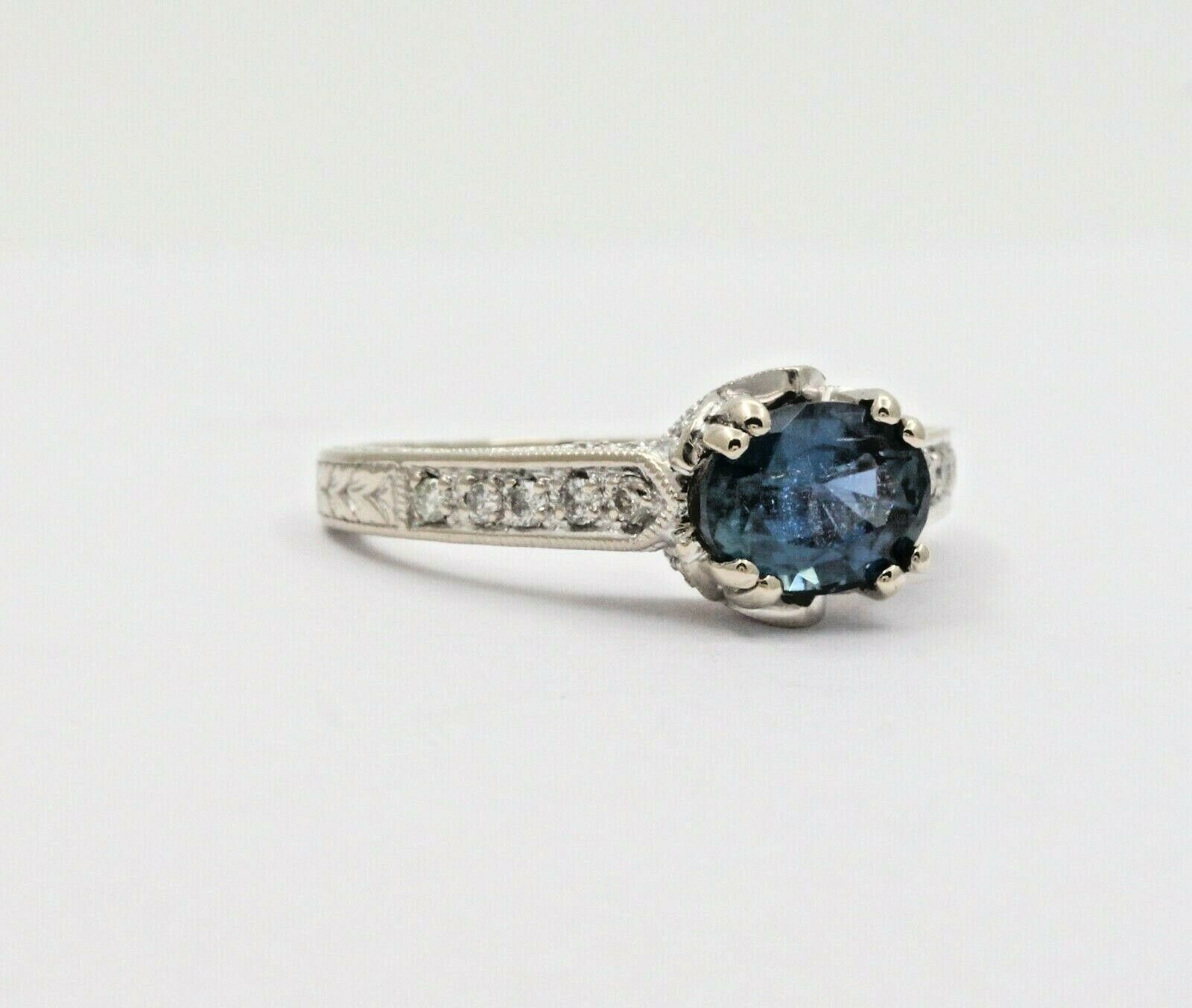 Vintage Art Deco Inspired 14K White Gold Sapphire Diamond Alternative Engagement Ri