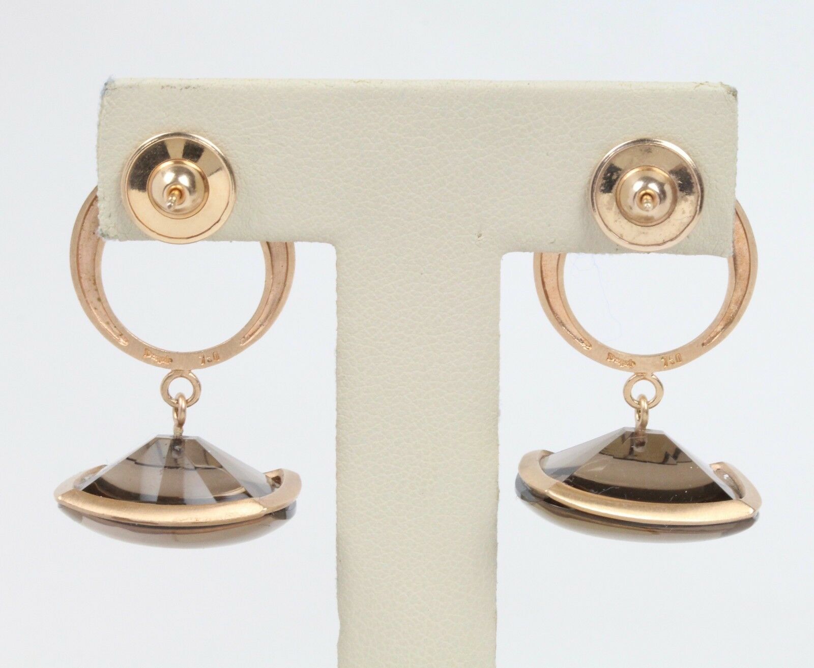 Retro French Denair 18K Rose Gold Smoky Quartz & Diamonds Dangling Earrings