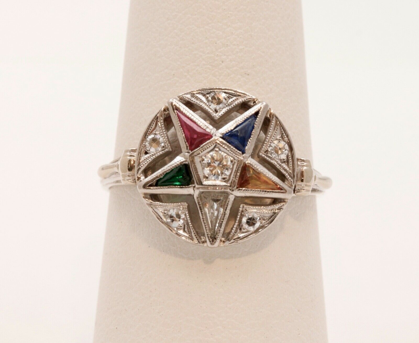 Vintage 14K White Gold Order of The Eastern Star Diamonds Gemstones Ring