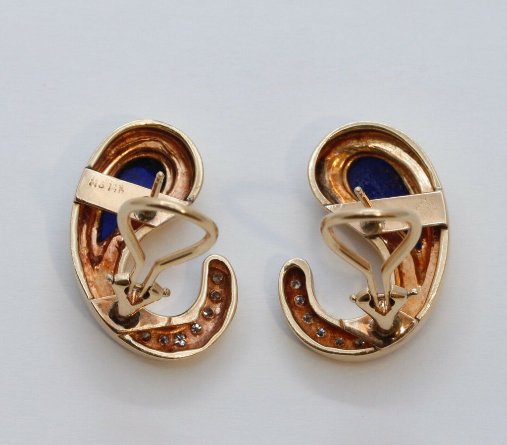 Vintage Lapis Lazuli Diamonds 14K Yellow Gold Earrings