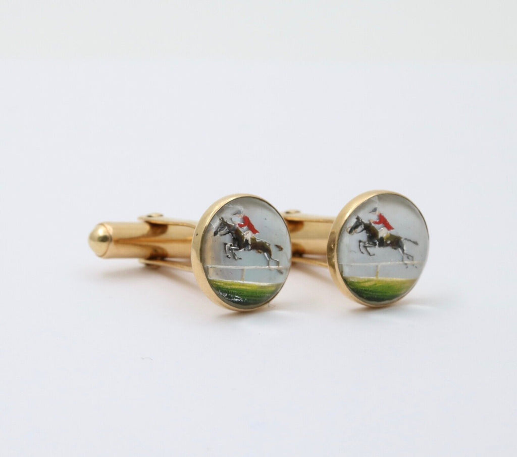 Antique Essex Crystal Polo Horse Riding 14K Gold Cufflinks.