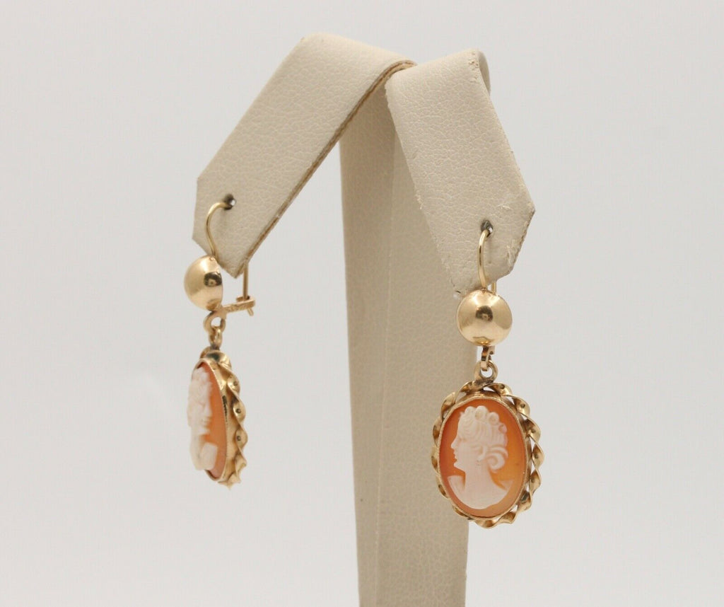Victorian Carved Cameo 14K Yellow Gold Earrings