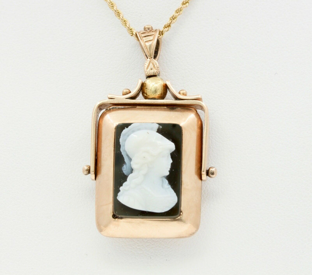 Victorian 10K Gold Onyx Sardonyx Spinning Locket Pendant Chain