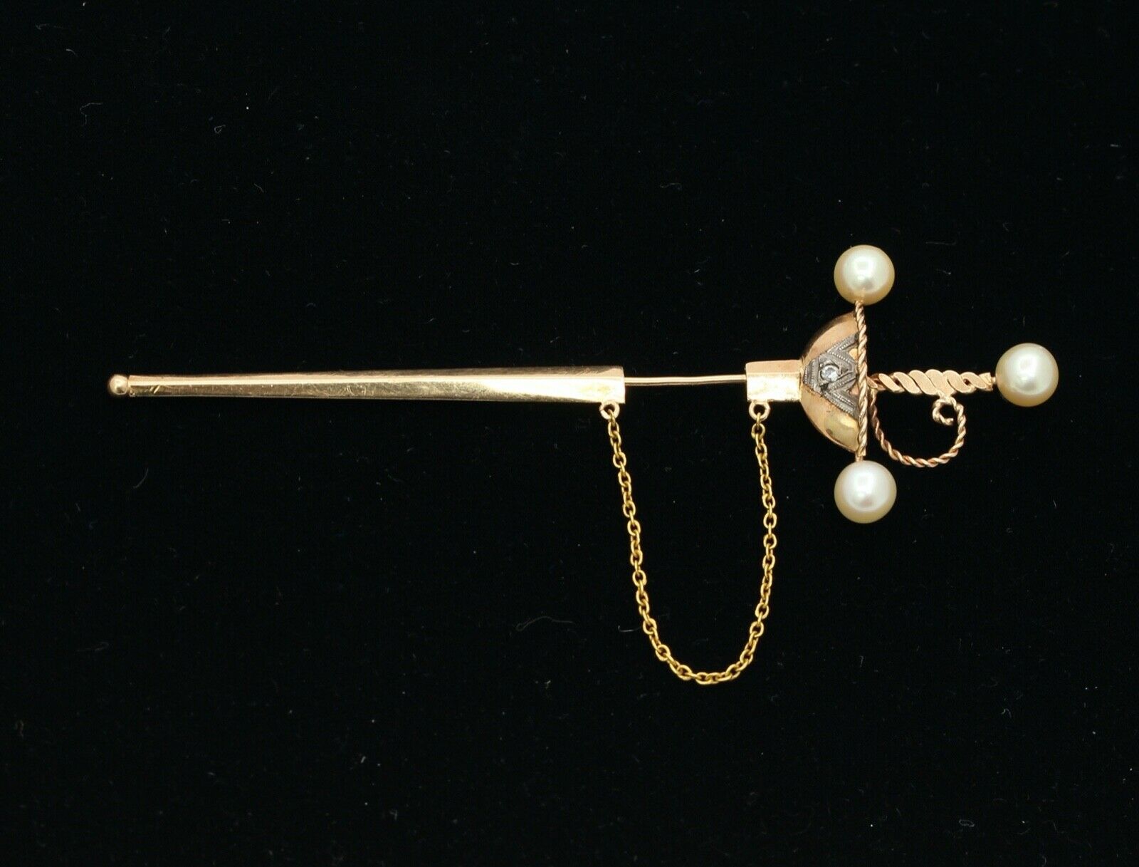 Victorian Sword Brooch 14K Yellow White Gold Diamond Pearls