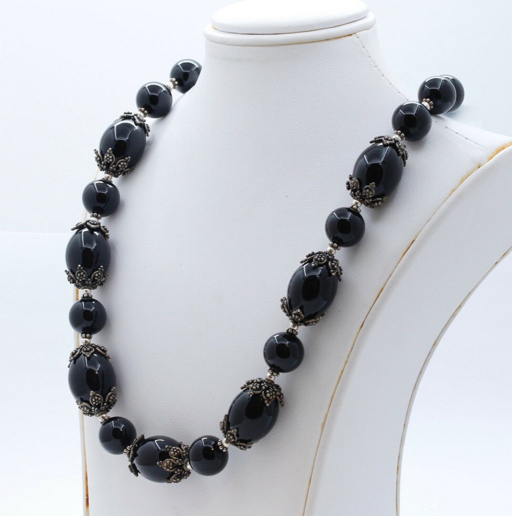 Meran Large Black Onyx Bead and 925 Sterling Silver Vintage Necklace