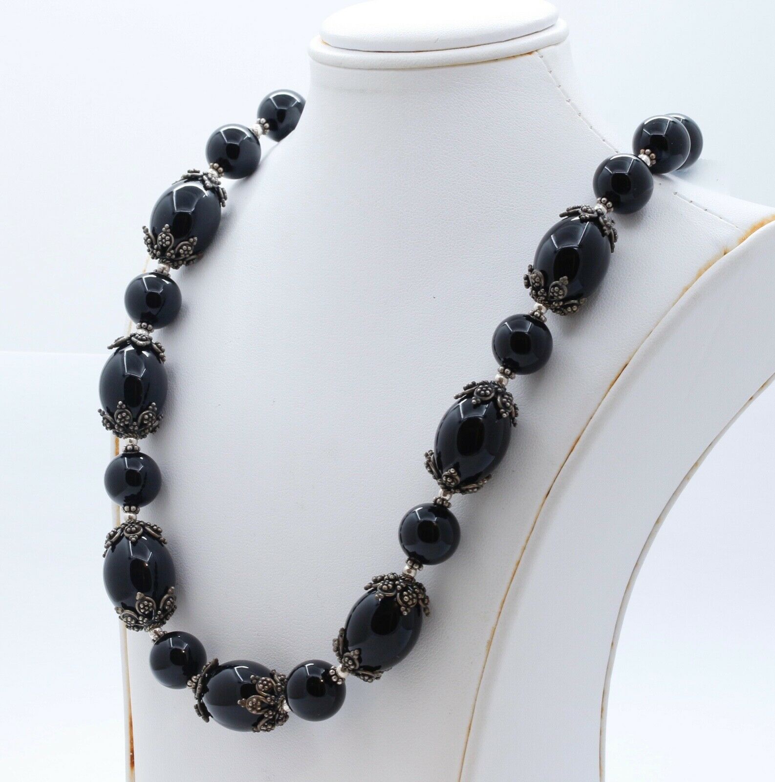 Meran Large Black Onyx Bead and 925 Sterling Silver Vintage Necklace