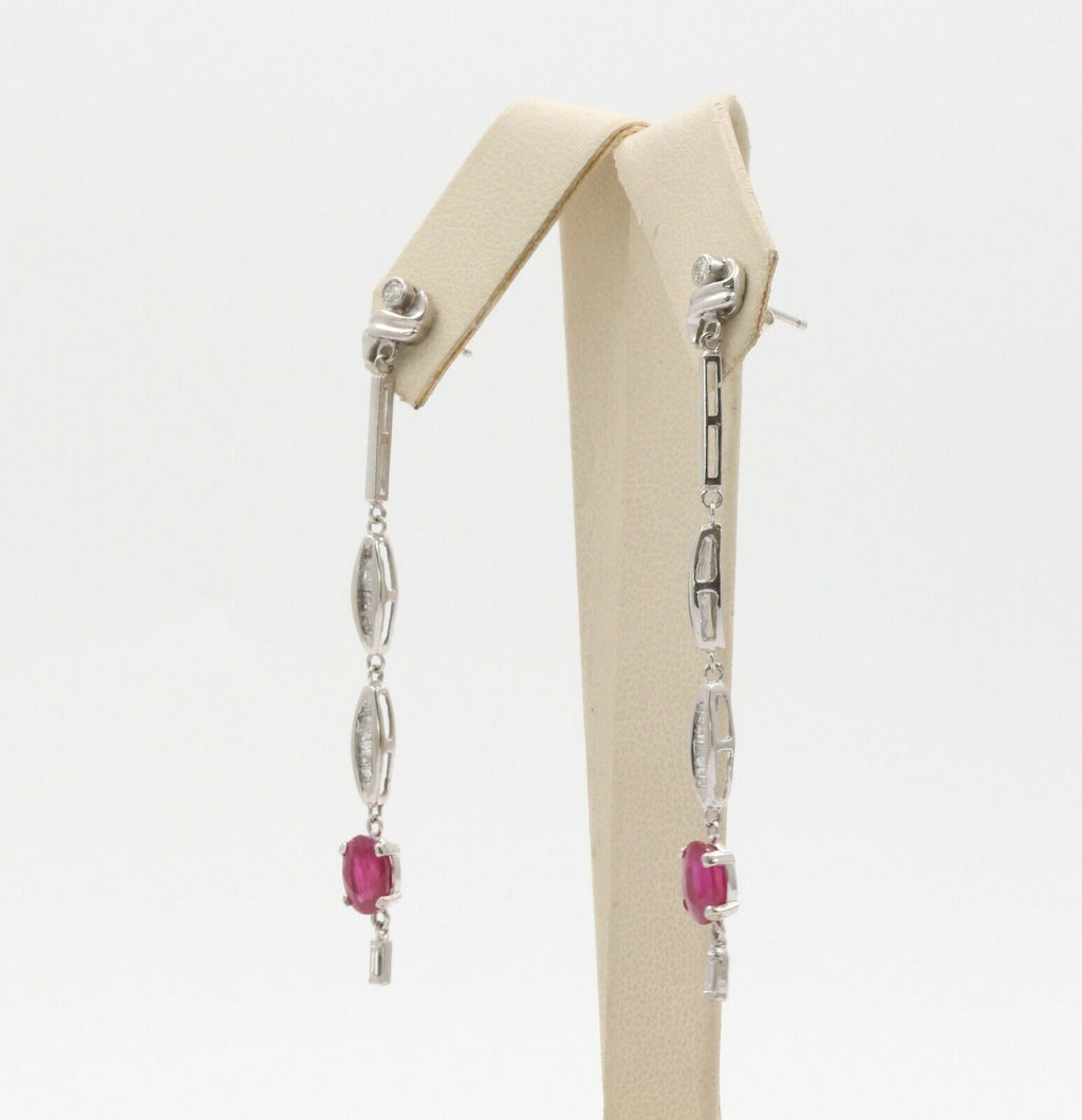 Vintage 14K White Gold Hanging Ruby Diamond Earrings