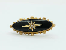 Load image into Gallery viewer, Victorian 15K Yellow Gold Black Onyx Seed Pearls Memorial Brooch
