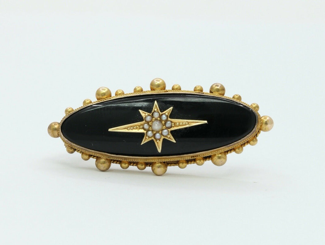 Victorian 15K Yellow Gold Black Onyx Seed Pearls Memorial Brooch