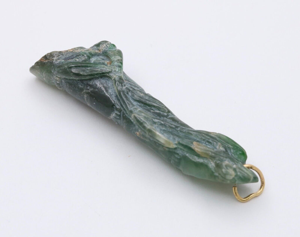 Antique Hand Carved Jade Bamboo 18K Yellow Gold Pendant