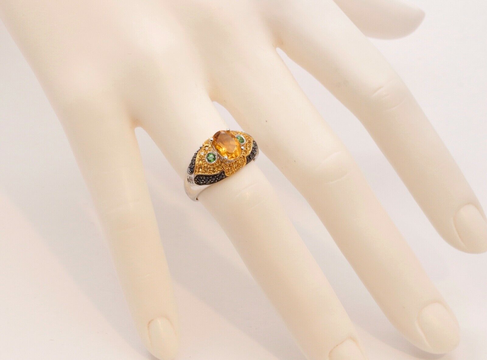 Citrine Blue Sapphires Cocktail Ring 14K White Yellow Gold Ring