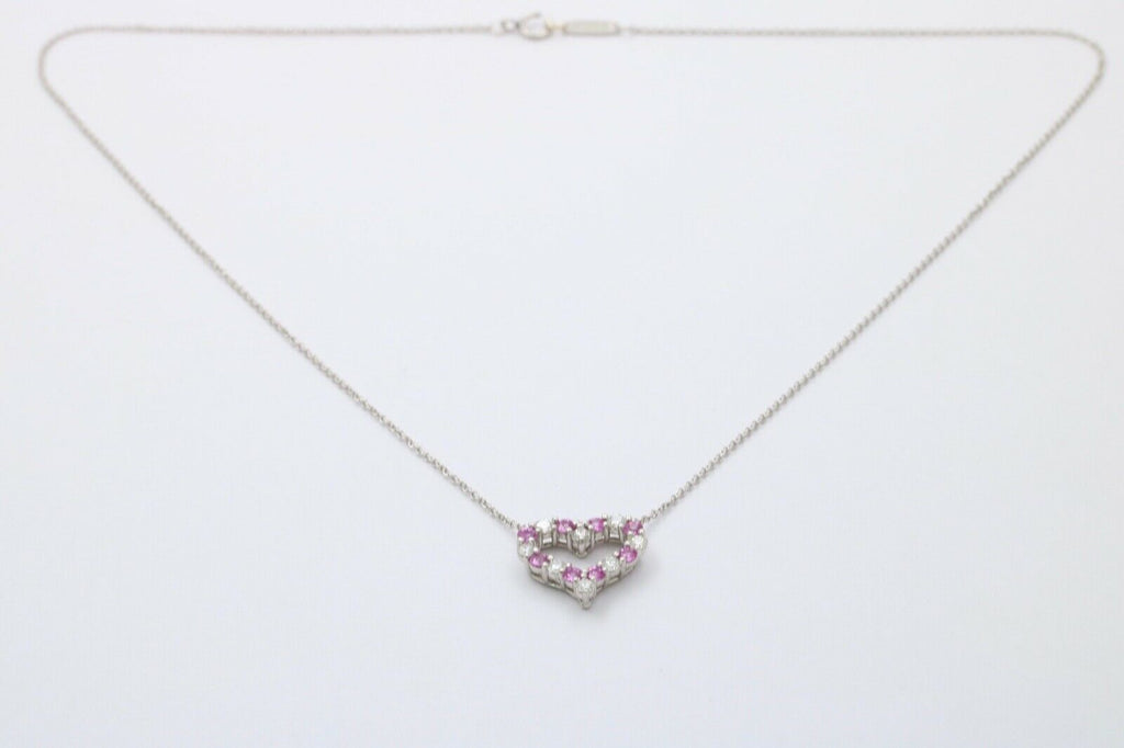 Tiffany and Co. Heart Pendant and Chain Diamonds Pink Sapphires Platinum