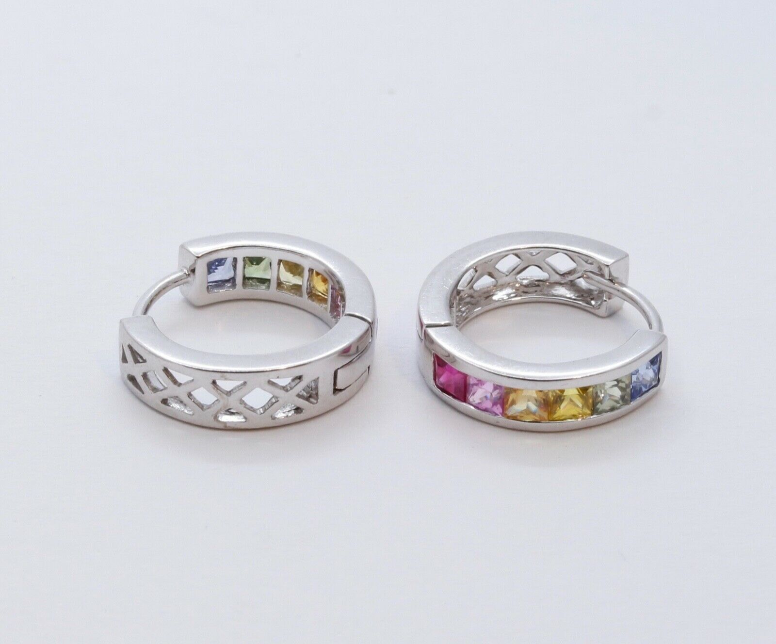 Cool Vintage Multi Colored Sapphires 14K White Gold Huggie Earrings