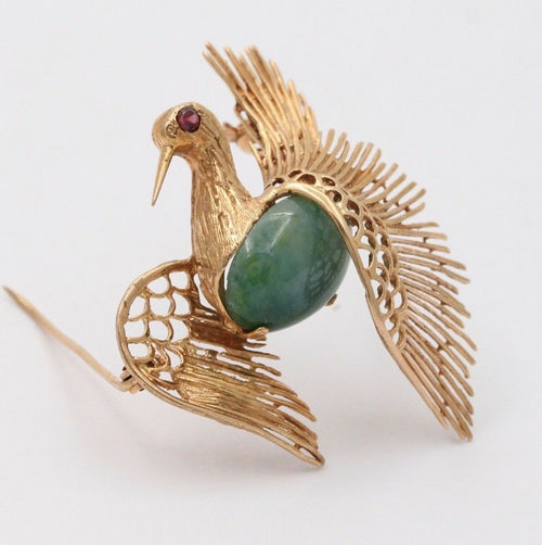 Vintage Estate Jadeite Jade Crane 14K High Relief Bird Brooch, Pin