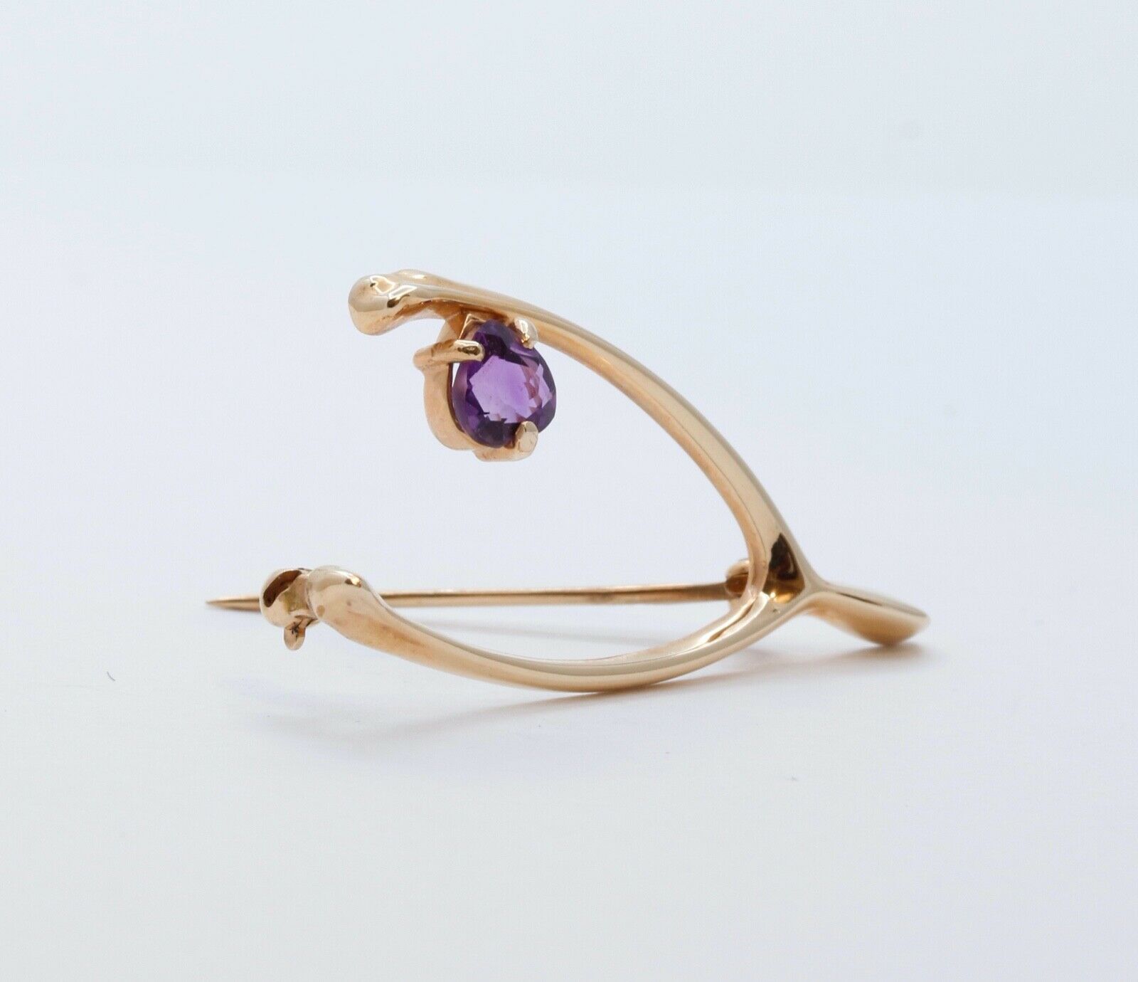 Vintage Lucky 14K Yellow Gold Wishbone Heart Amethyst Pendant Pin