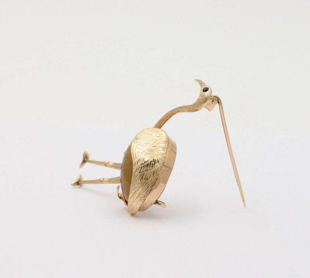 Vintage 14K Yellow Gold Tiger Eye Crane Bird Brooch, Estate Pin.