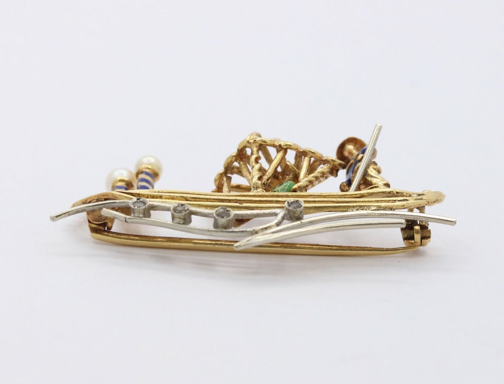 Vintage 18K Yellow Gold Enamel Diamond Boat Brooch
