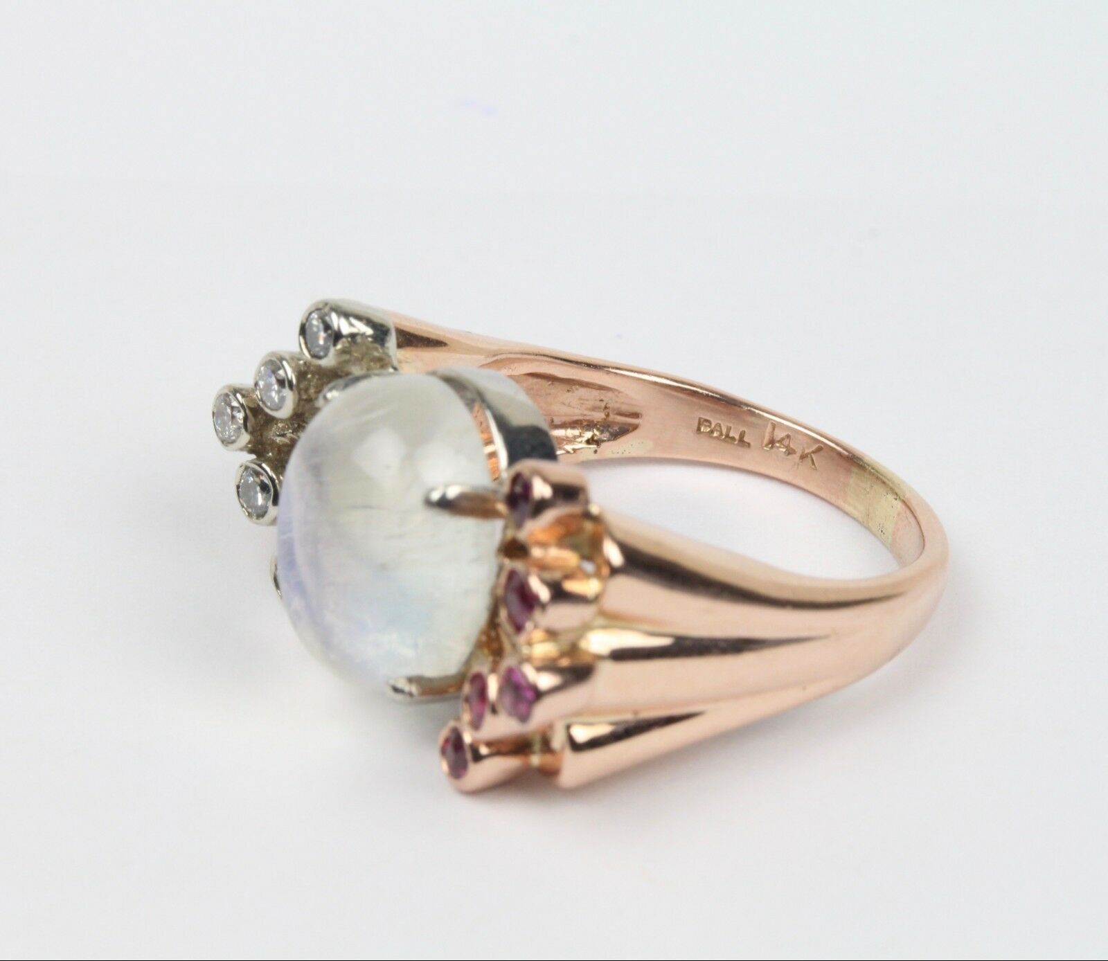 Retro 14K Rose Gold Moonstone Diamond Ruby Ring