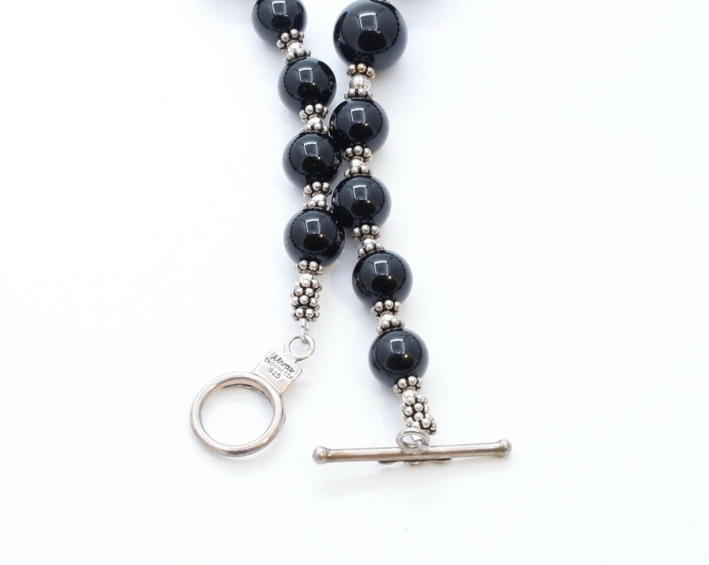 Meran Large Black Onyx Bead and 925 Sterling Silver Vintage Necklace