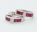 18K White Gold Diamond, Natural Ruby Huggie Earrings