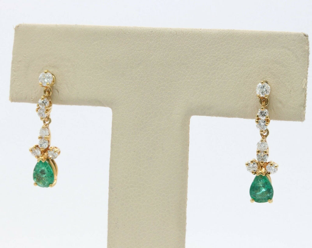 Vintage 14K Yellow Gold Emerald Diamond Drop Earrings