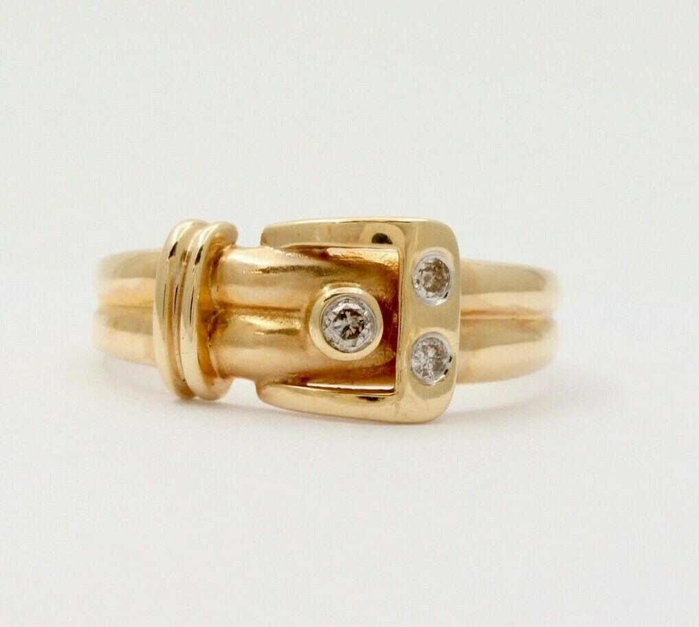 Vintage Estate Belt Buckle Diamond 14K Yellow Gold Ring Band, Stacking Ring.
