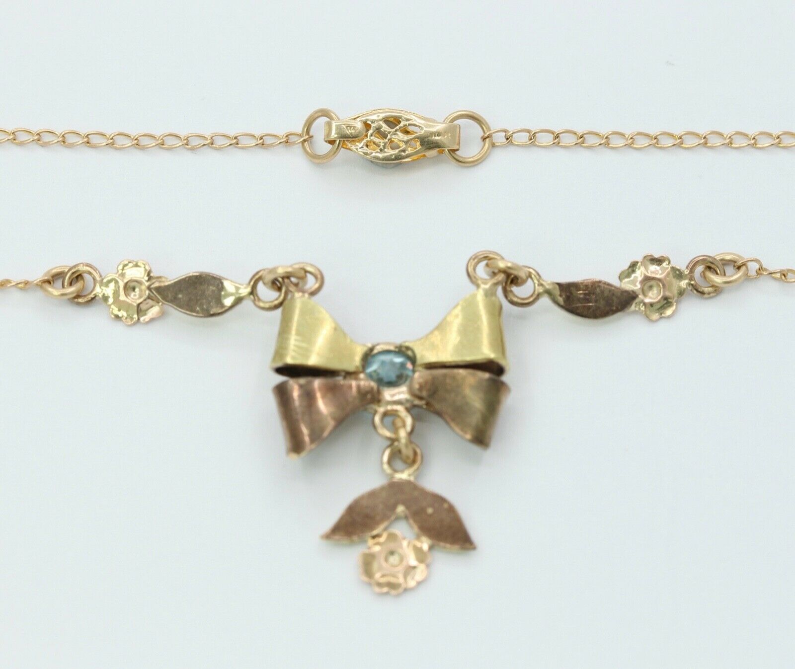 Retro Blue Zircon 10K Rose Yellow Gold Flowers Pendant Chain