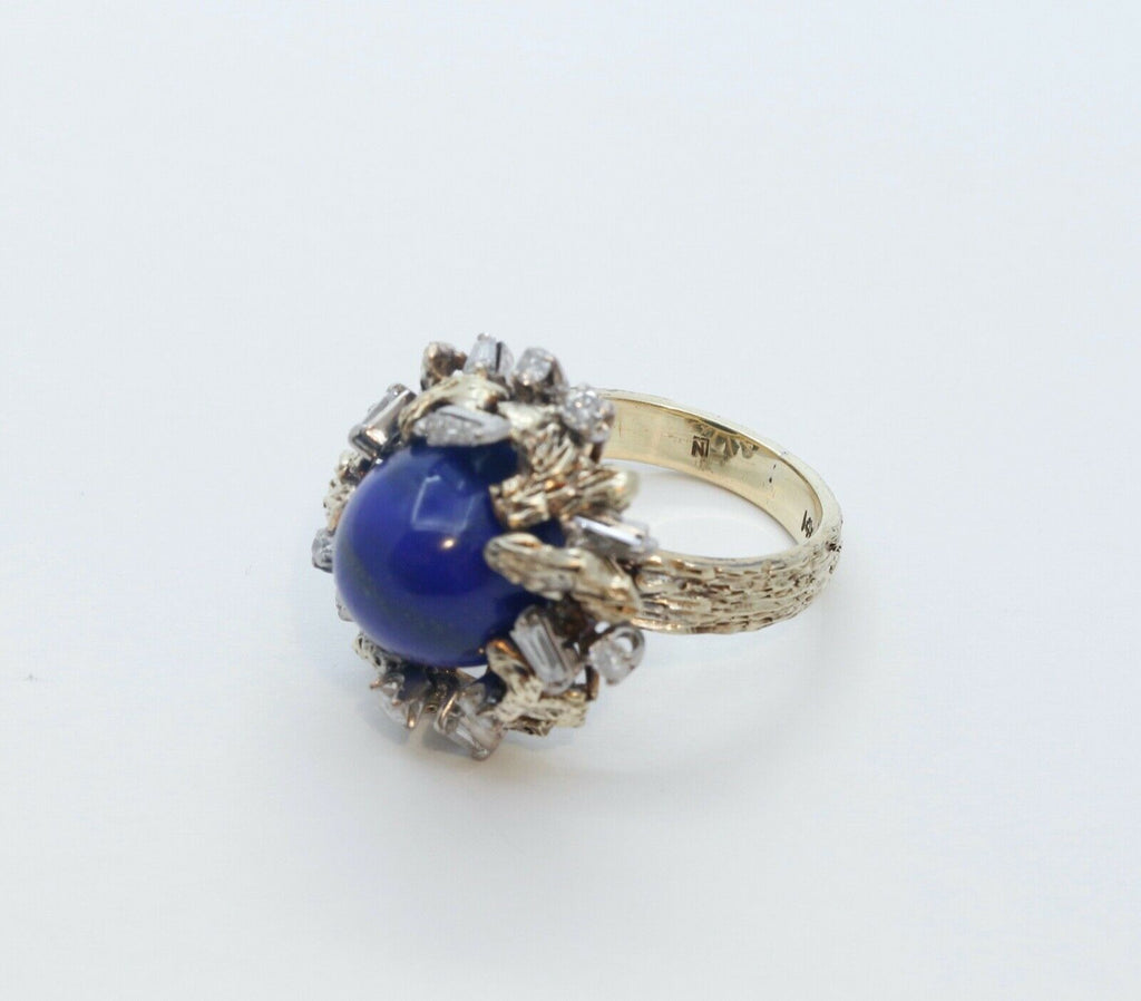 Vintage Tree Vine Cabochon Lapis Lazuli Diamonds 14K Yellow Gold Ring