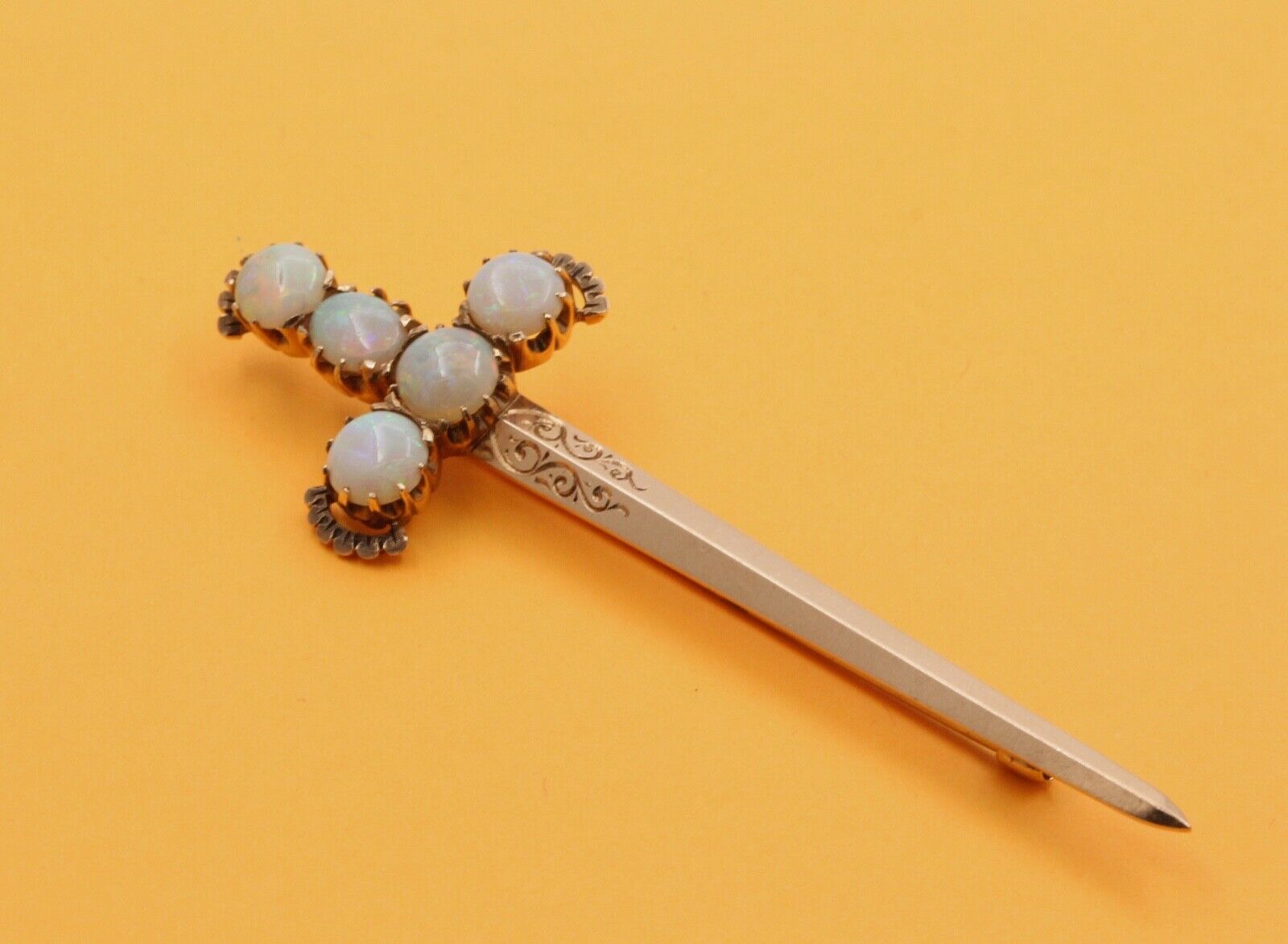 Victorian Edwardian Opals 14K Yellow Gold Broadsword Brooch Pin