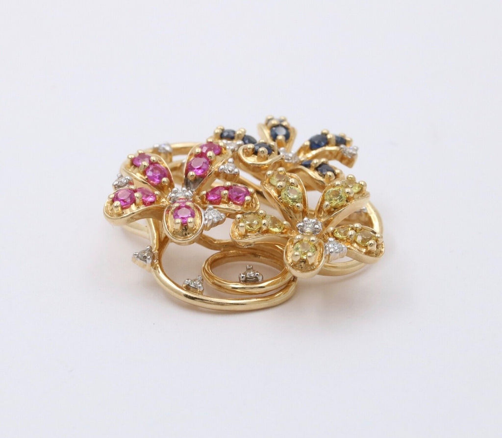 Lovely Multi-Color Sapphire and Diamond 14K Yellow Gold Flower Pendant, Necklace