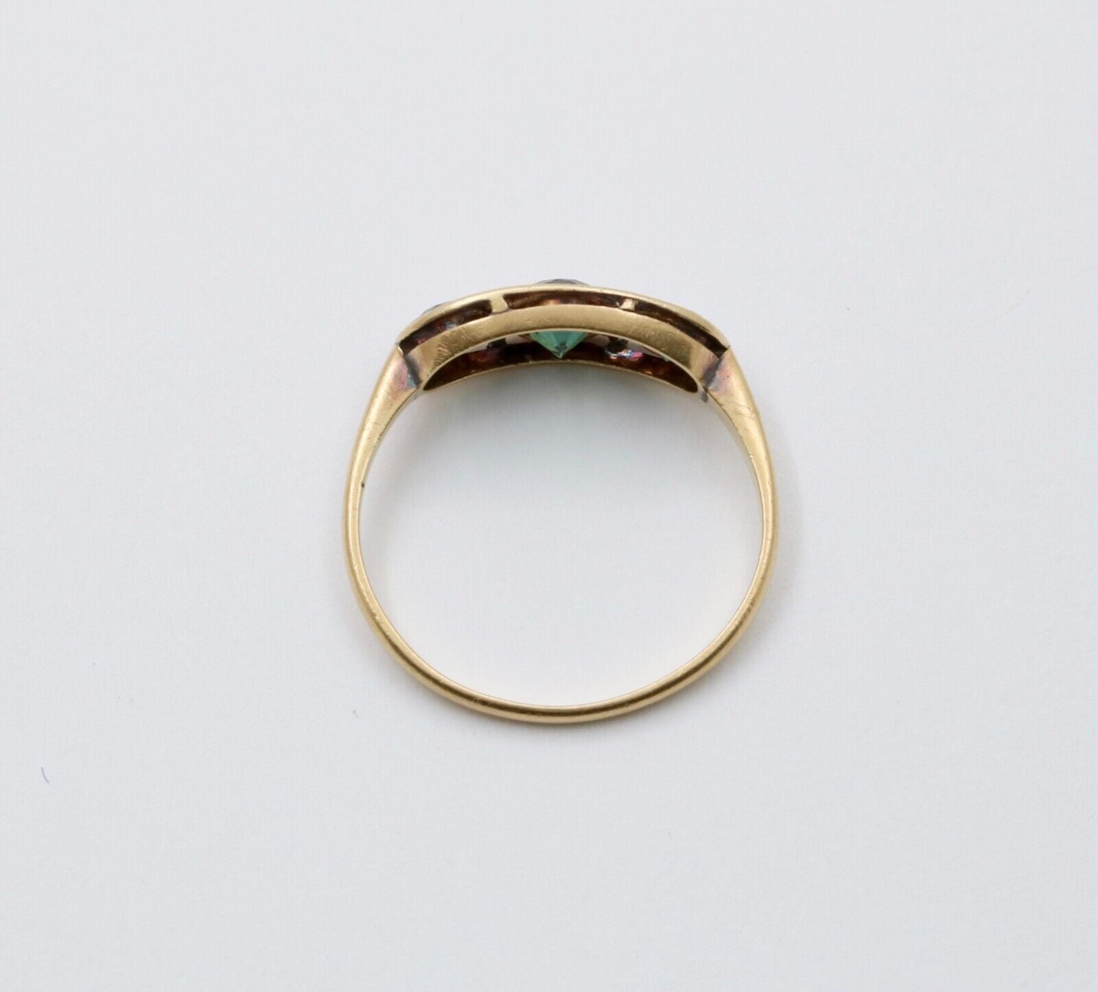 Antique Edwardian 18K Gold Three Green Tourmaline Diamond Ring, Ring Band.