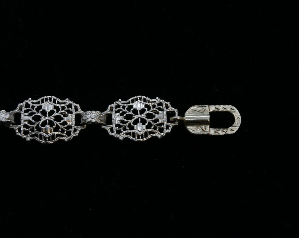 Art Deco Sapphires Diamonds Art Glass 14K White Gold Filagree Bracelet