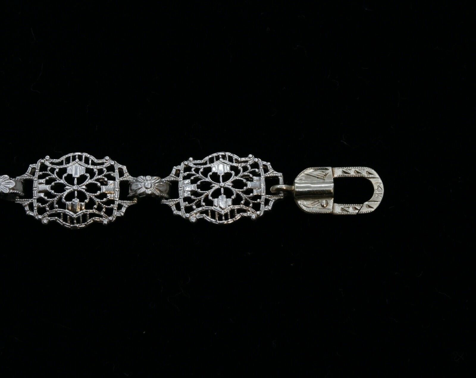 Art Deco Sapphires Diamonds Art Glass 14K White Gold Filagree Bracelet
