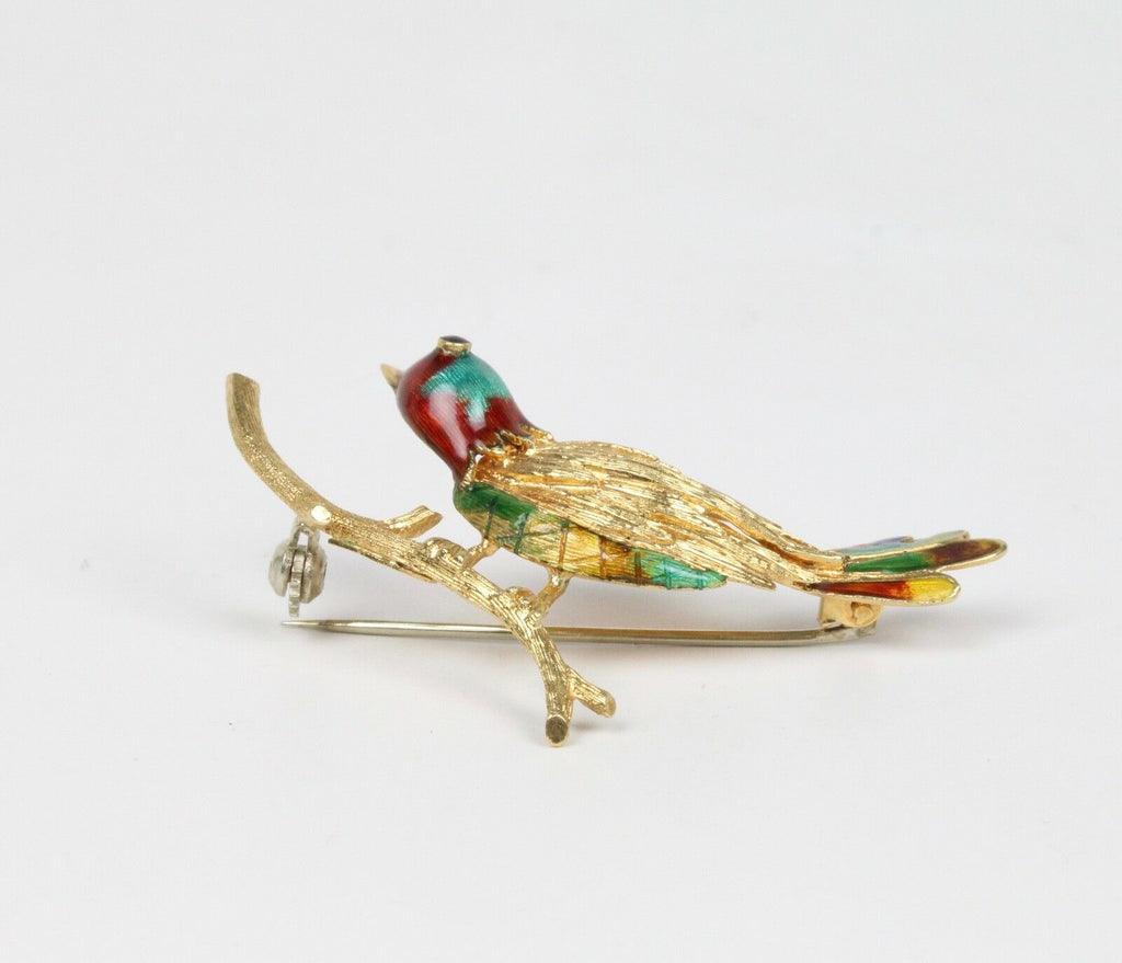 Vintage 18K Yellow Gold Enamel Bird Brooch Pin