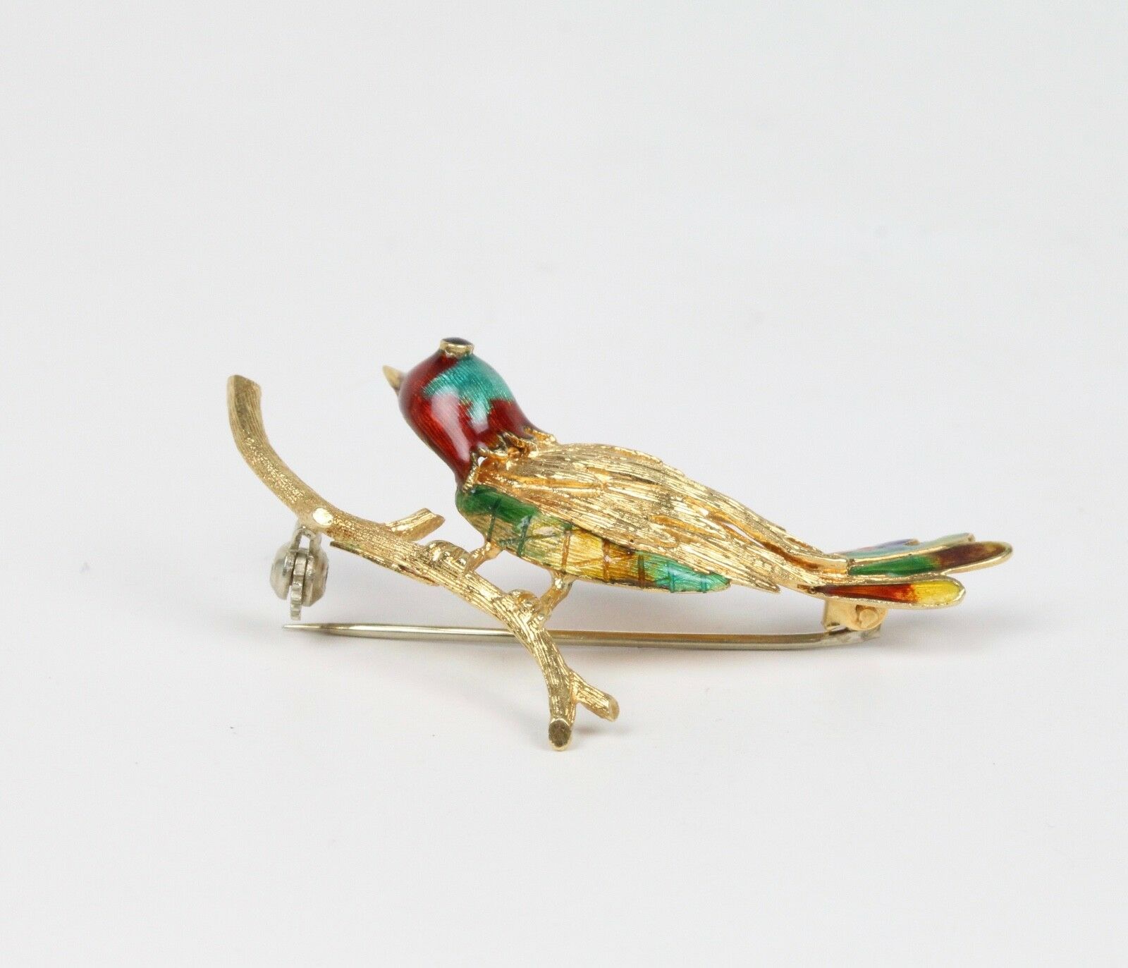 Vintage 18K Yellow Gold Enamel Bird Brooch Pin