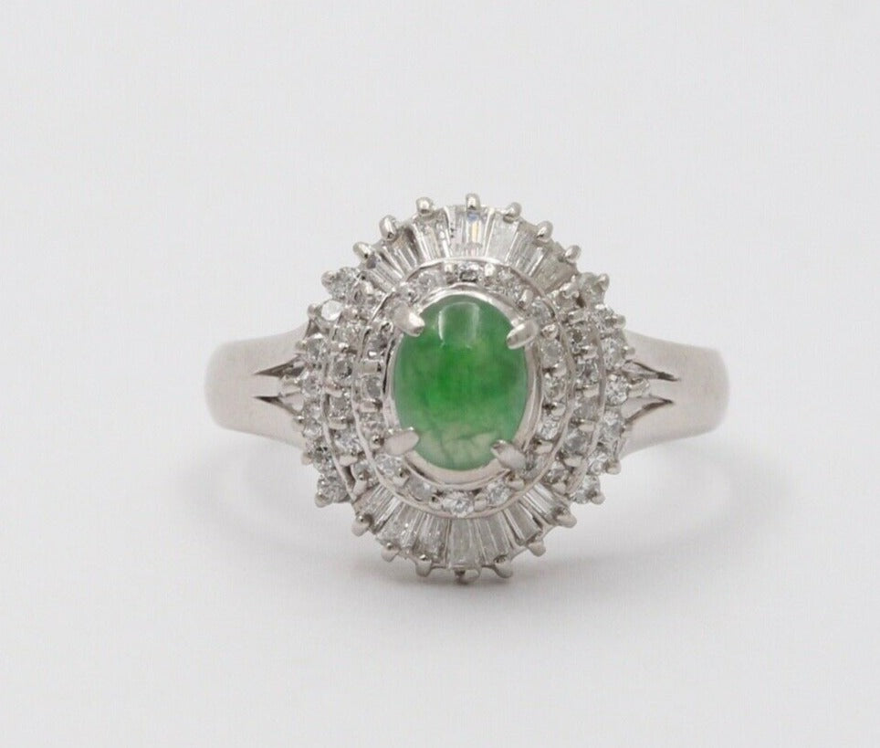 Vintage Jade Baguette Diamonds Cluster Platinum Ring