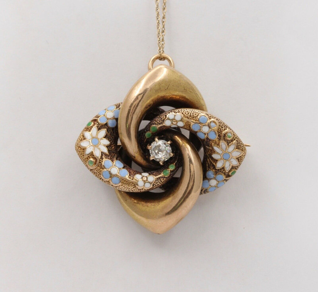 Victorian Etruscan Revival 14K YG Enamel Flowers Old Euro Diamond Brooch Pendant