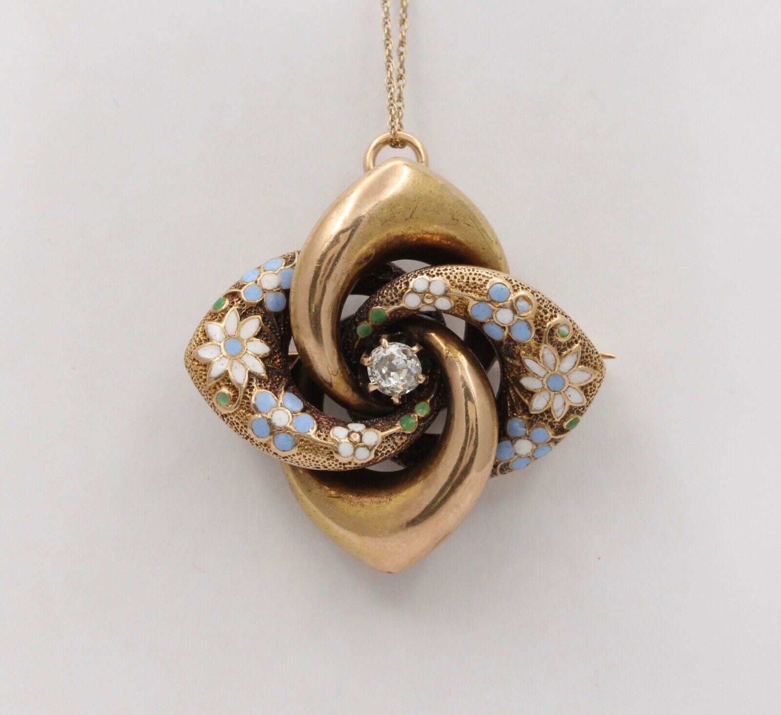 Victorian Etruscan Revival 14K YG Enamel Flowers Old Euro Diamond Brooch Pendant