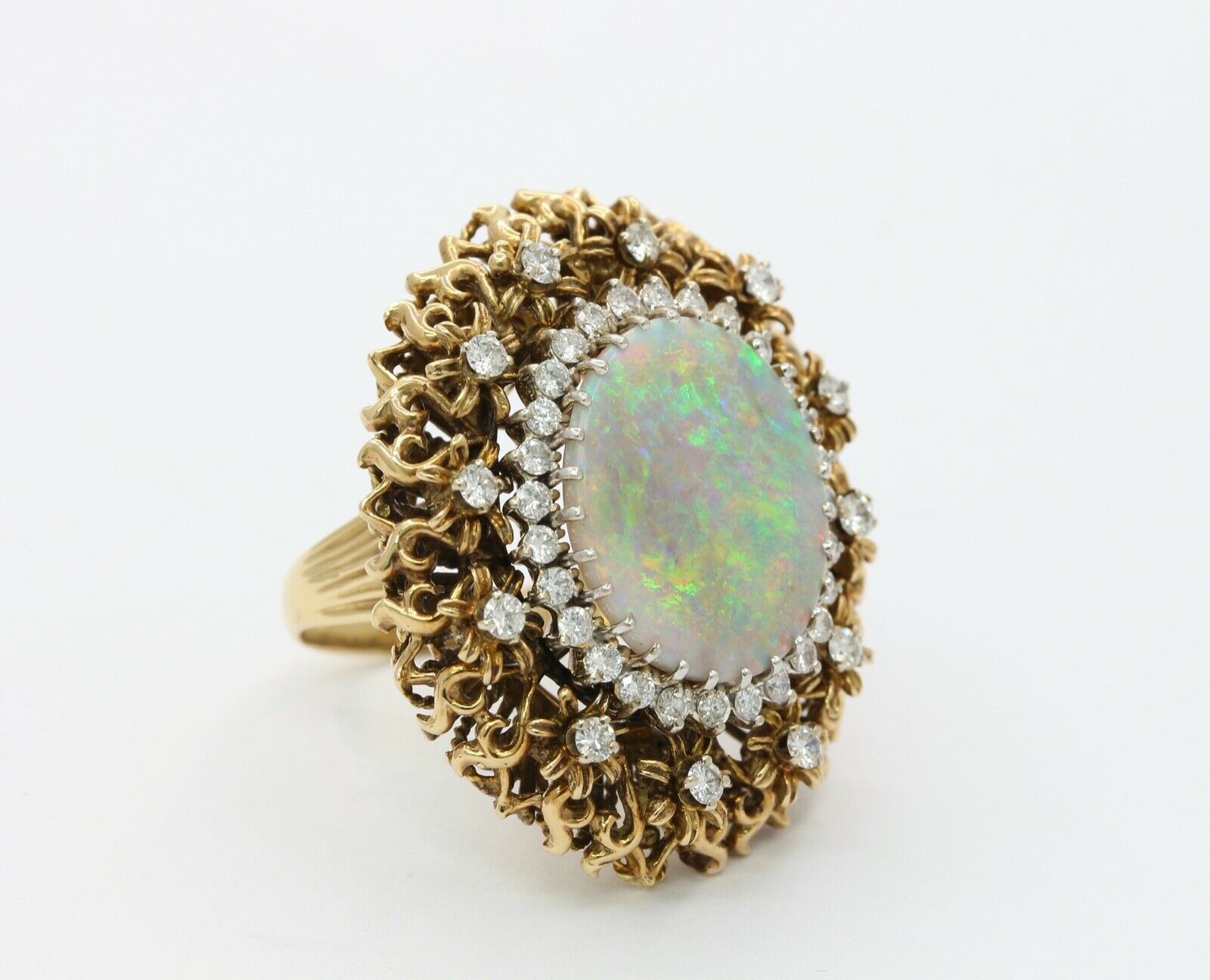Large Vintage Ladies Opal Diamonds 14K Yellow Gold Statement Ring