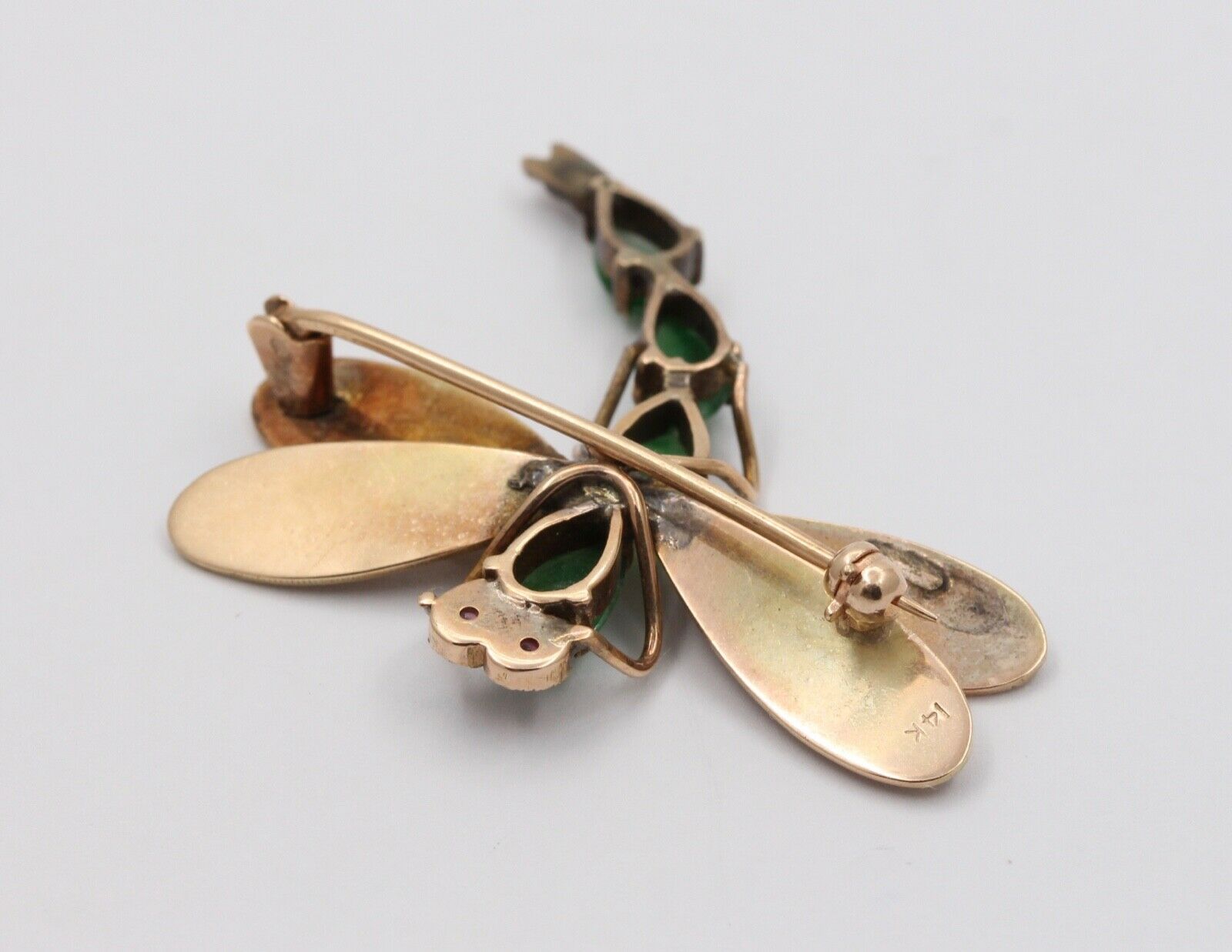 Vintage 14K Yellow Gold Jade Rubies Dragonfly Brooch Pin