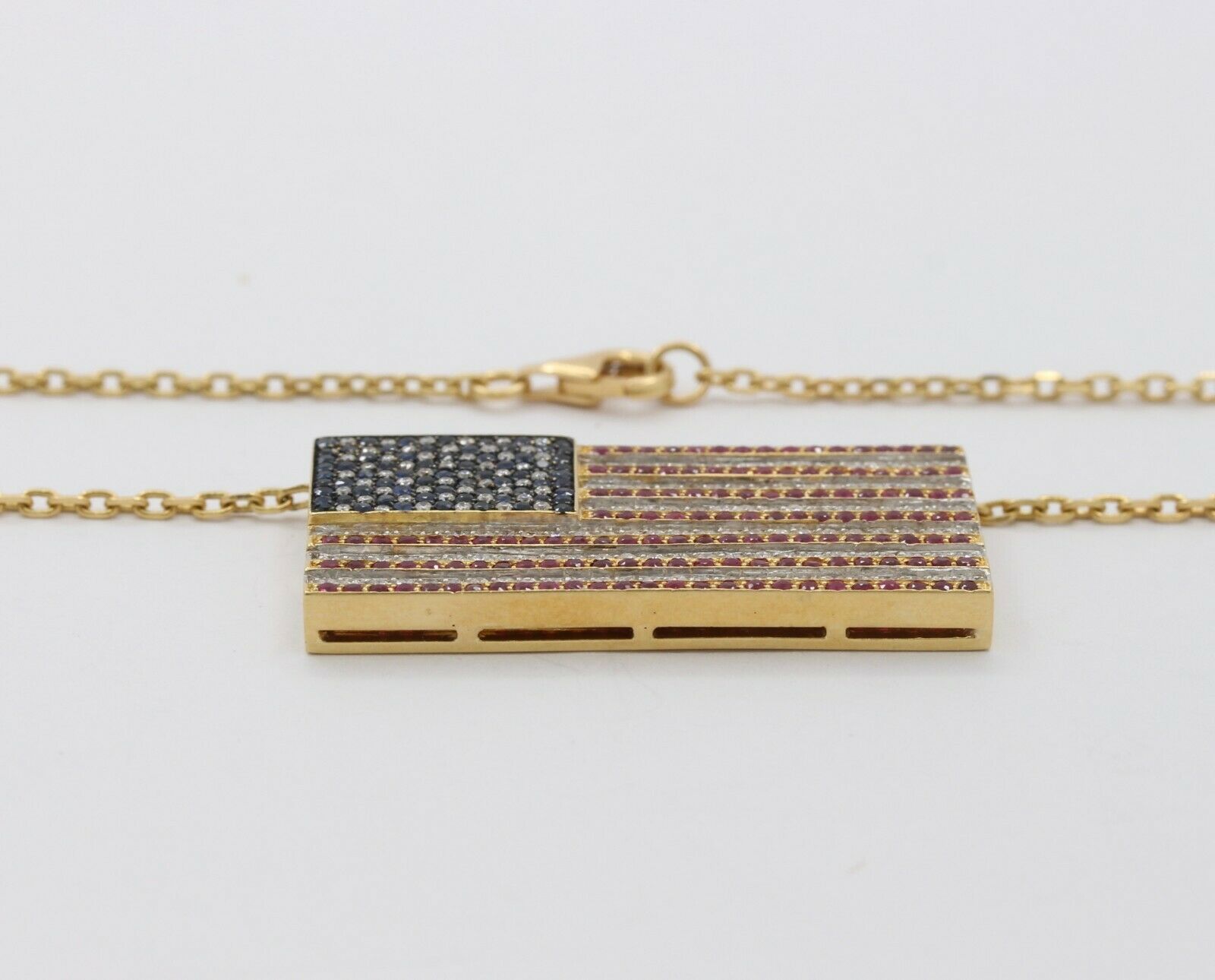 Vintage 18K Yellow Gold Diamond Sapphire Ruby US Flag Pendant