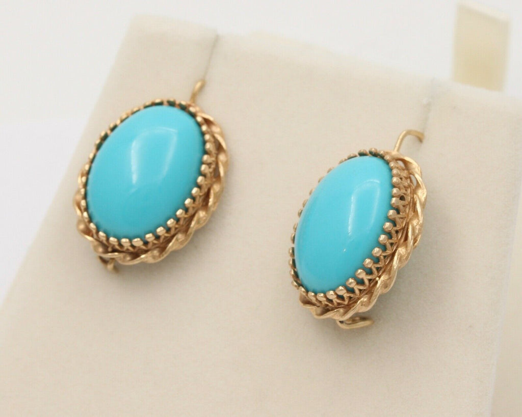 Vintage Turquoise 14K Yellow Gold Frame Dangling Earrings, Estate.