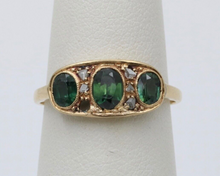 Load image into Gallery viewer, Antique Edwardian 18K Gold Three Green Tourmaline Diamond Ring, Ring Band.
