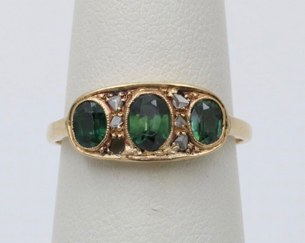 Antique Edwardian 18K Gold Three Green Tourmaline Diamond Ring, Ring Band.