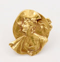 Gorgeous Art Nouveau French Woman’s Portrait 18K Gold Brooch Pin.