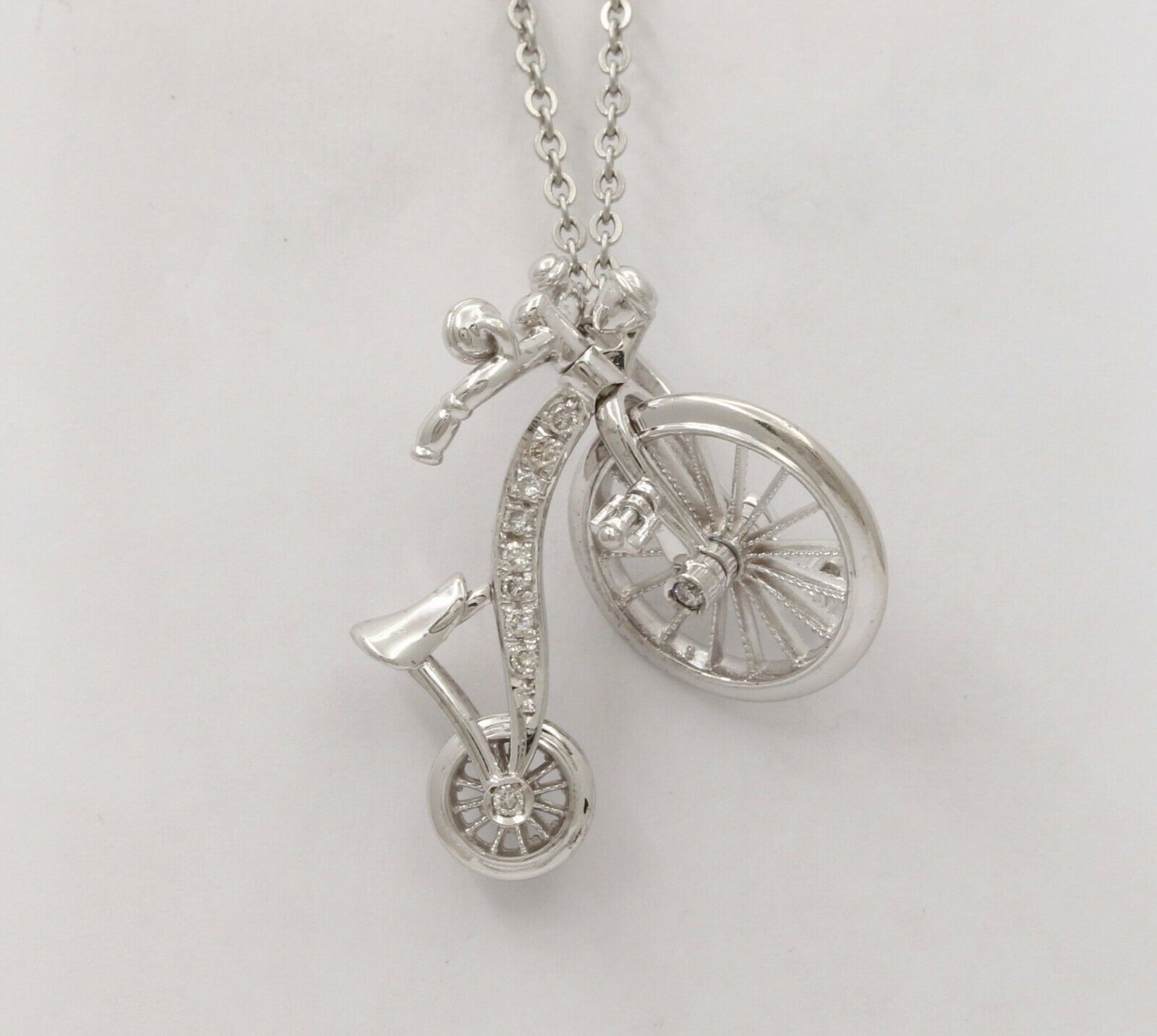 Vintage Bicycle Diamond Movable 18K White Gold Pendant.