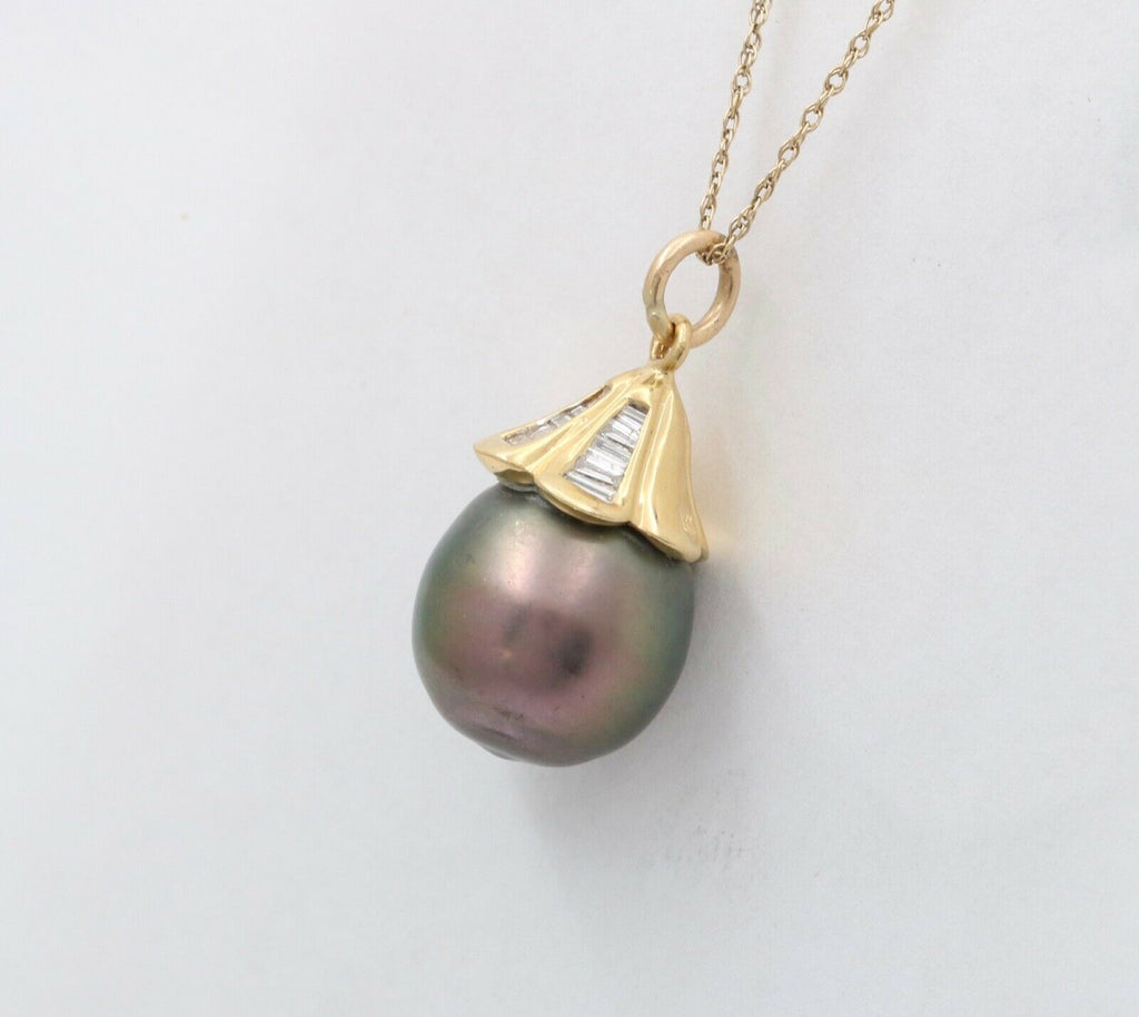 Vintage 18K Yellow Gold Baroque Black South Sea Pearl Diamond Pendant, Necklace