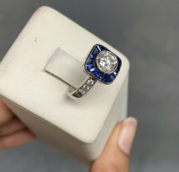 Vintage Art Deco Style 18K Gold Diamond & Sapphire Halo Ring, Engagement Ring.