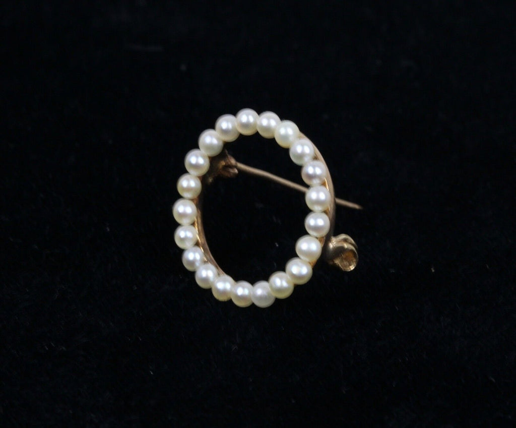 Vintage 14K Yellow Gold Seed Pearl Eternal Circle Pendant Pin