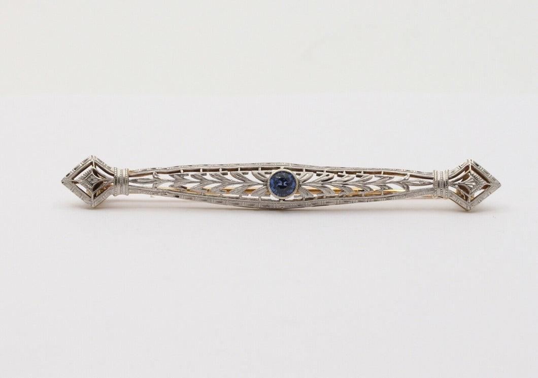 Art Deco Krementz Sapphire 14K White Yellow Gold Brooch Pin